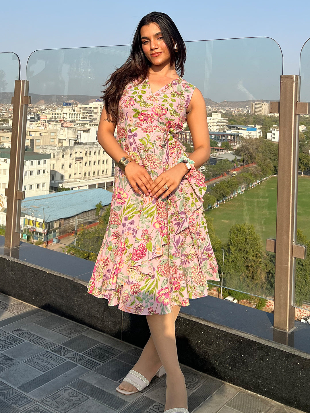 Pink Pure Cotton Floral Printed Tiered Dress - qivii