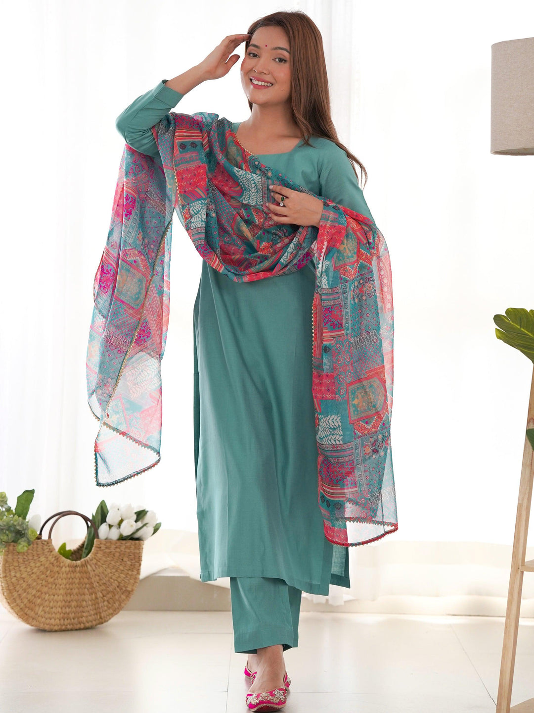  Multi-color organza dupatta with intricate digital print work 
