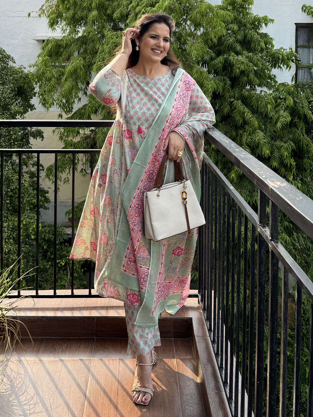 Aqua Pure Cotton Floral Printed A-line Kurta Set