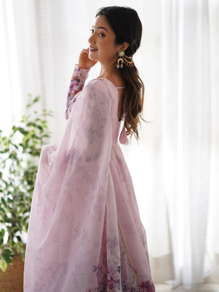 Beautiful pink floral printed organza anarkali suit with matching dupatta