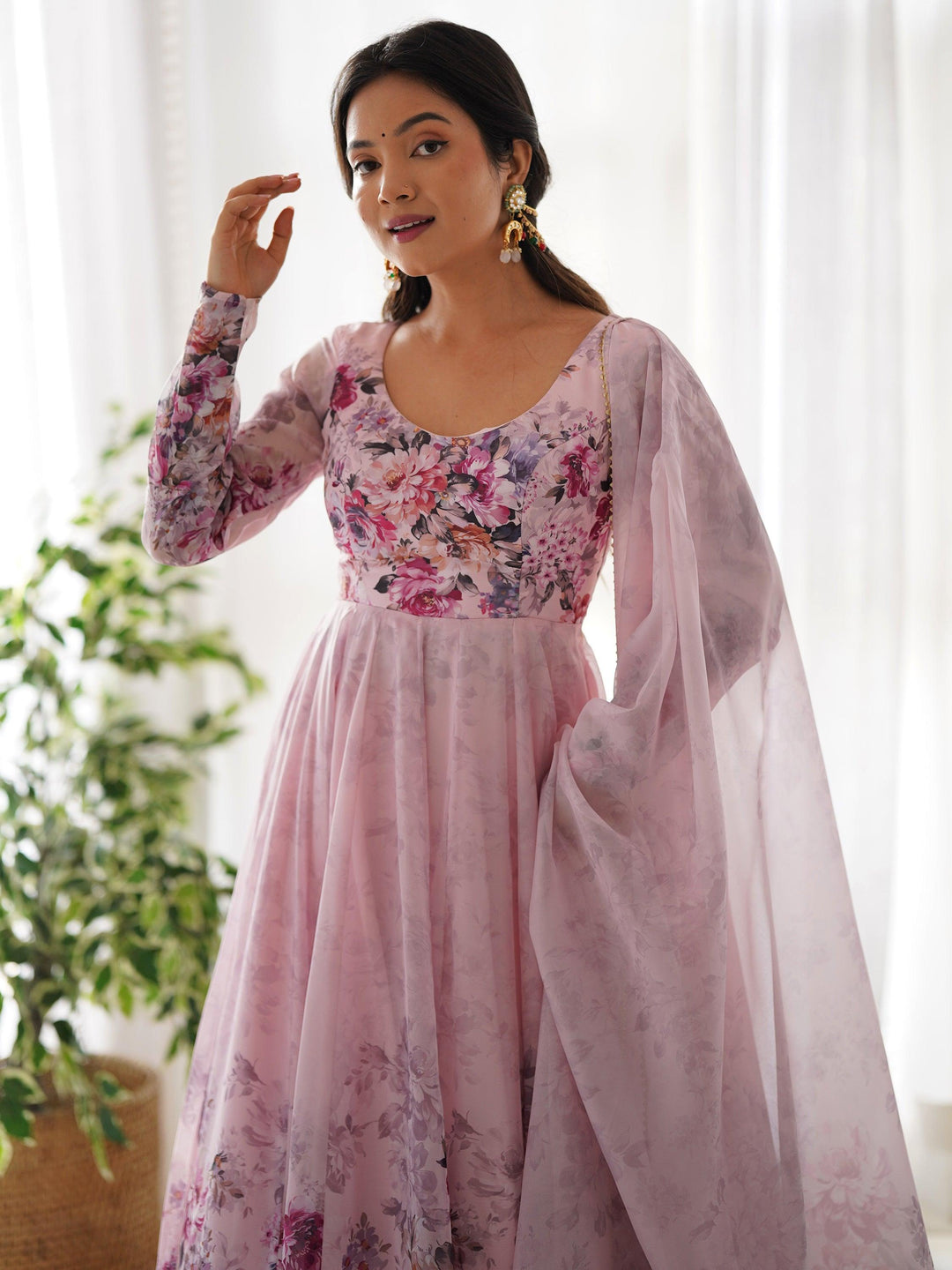 Fascinating Pink Floral Printed Organza Anarkali Suit with Dupatta for Women
