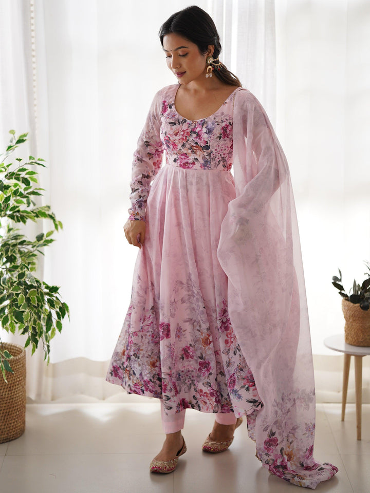 Fascinating pink anarkali suit with floral print and matching dupatta