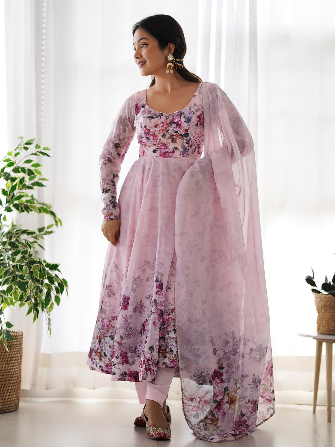 Pink floral printed organza anarkali suit with matching dupatta for women