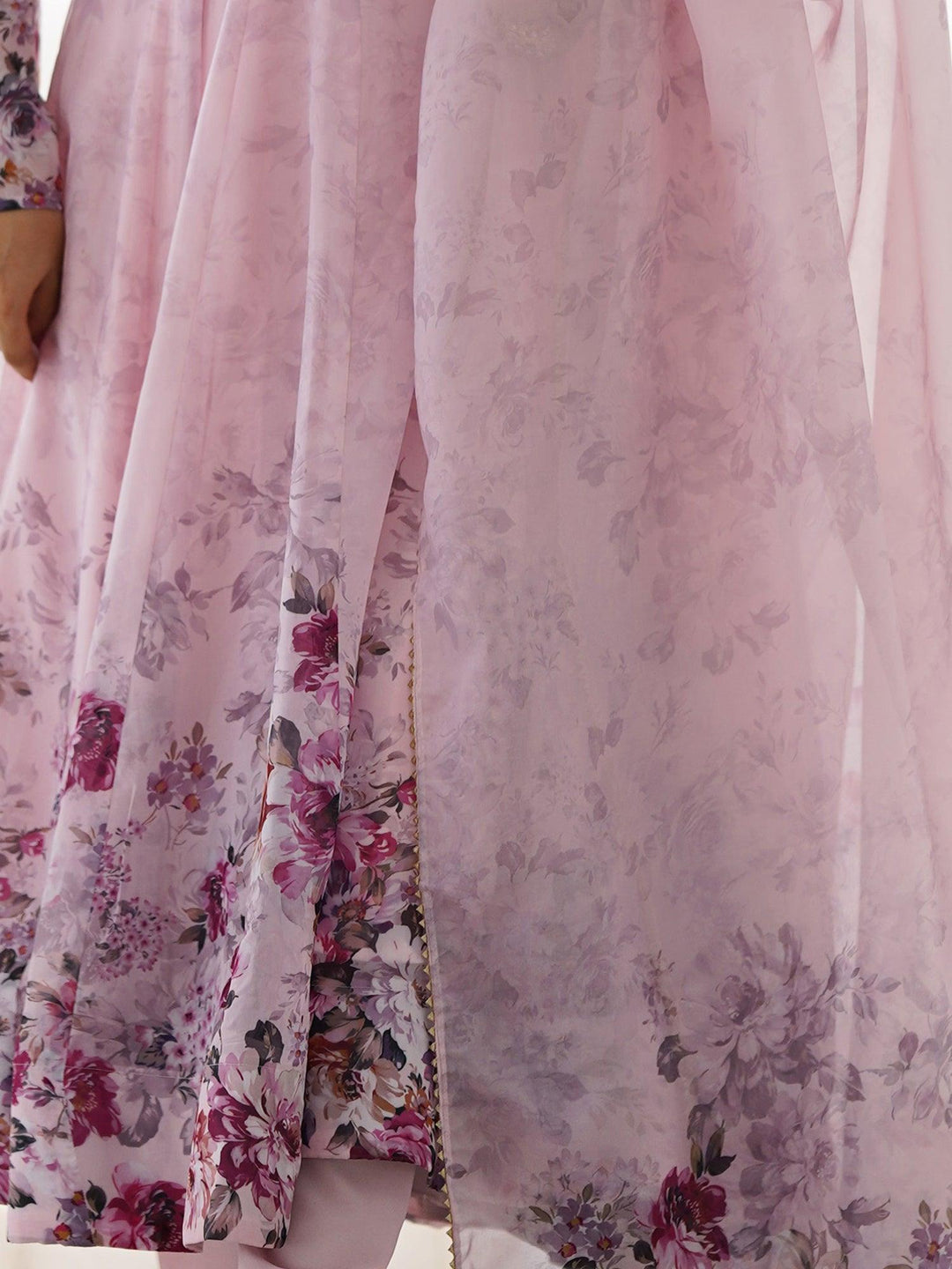 Beautiful pink floral printed organza Anarkali suit with matching dupatta