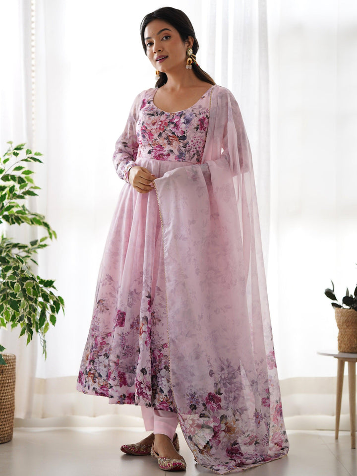 Fascinating pink floral printed organza Anarkali suit with dupatta for women