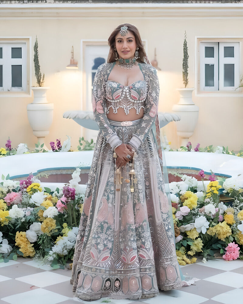 

Beautiful Georgette Lehenga Choli with Sequins Embroidered Work, Heavy Flair, and Hand Pearl Work 