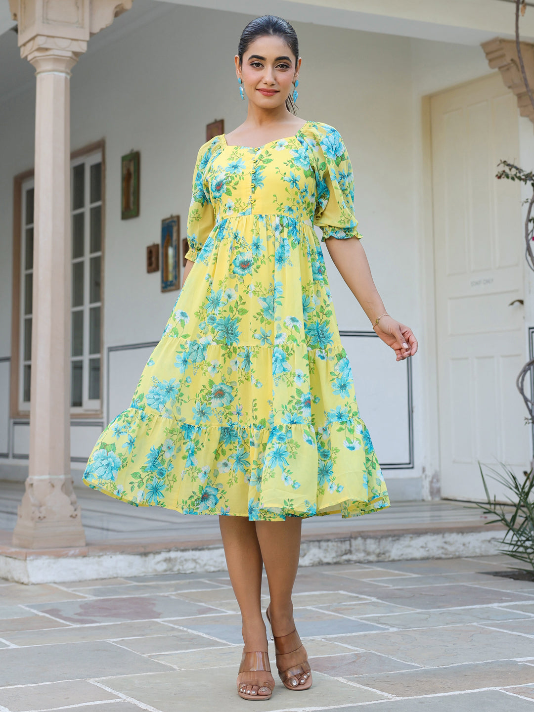 Yellow Georgette Floral Print Flared Western Dress