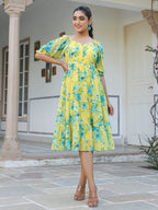 Yellow Georgette Floral Print Flared Western Dress