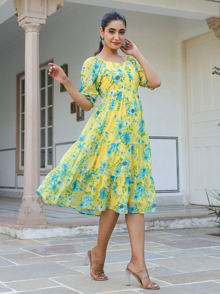Yellow Georgette Floral Print Flared Western Dress - qivii
