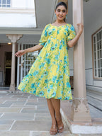 Yellow Georgette Floral Print Flared Western Dress