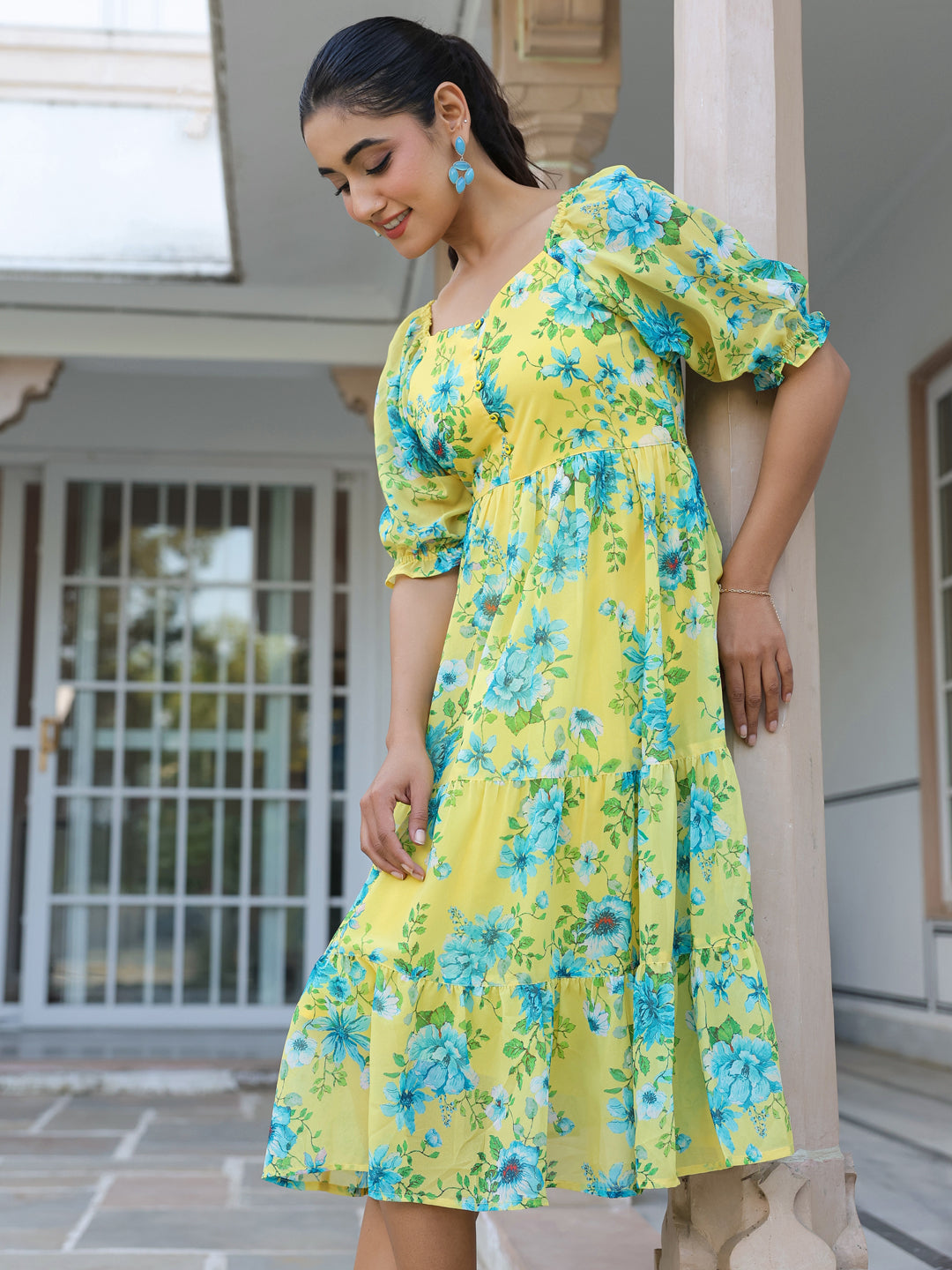 Yellow Georgette Floral Print Flared Western Dress - qivii