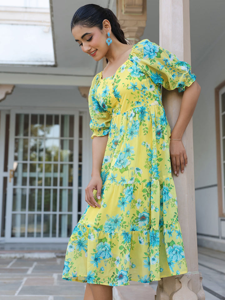 Yellow Georgette Floral Print Flared Western Dress - qivii