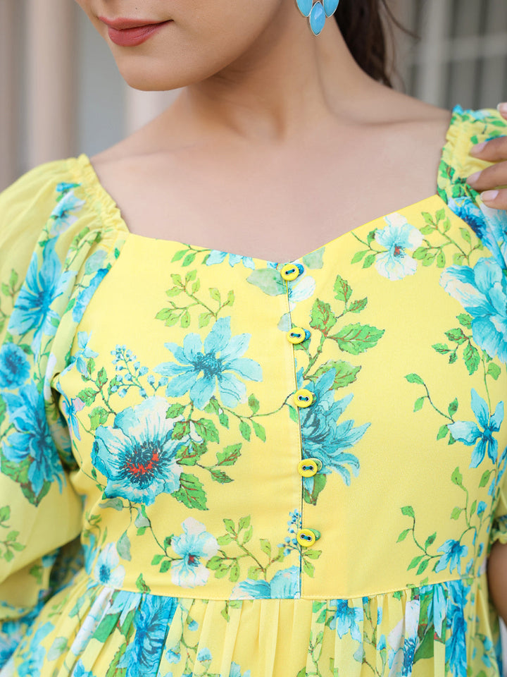 Yellow Georgette Floral Print Flared Western Dress - qivii