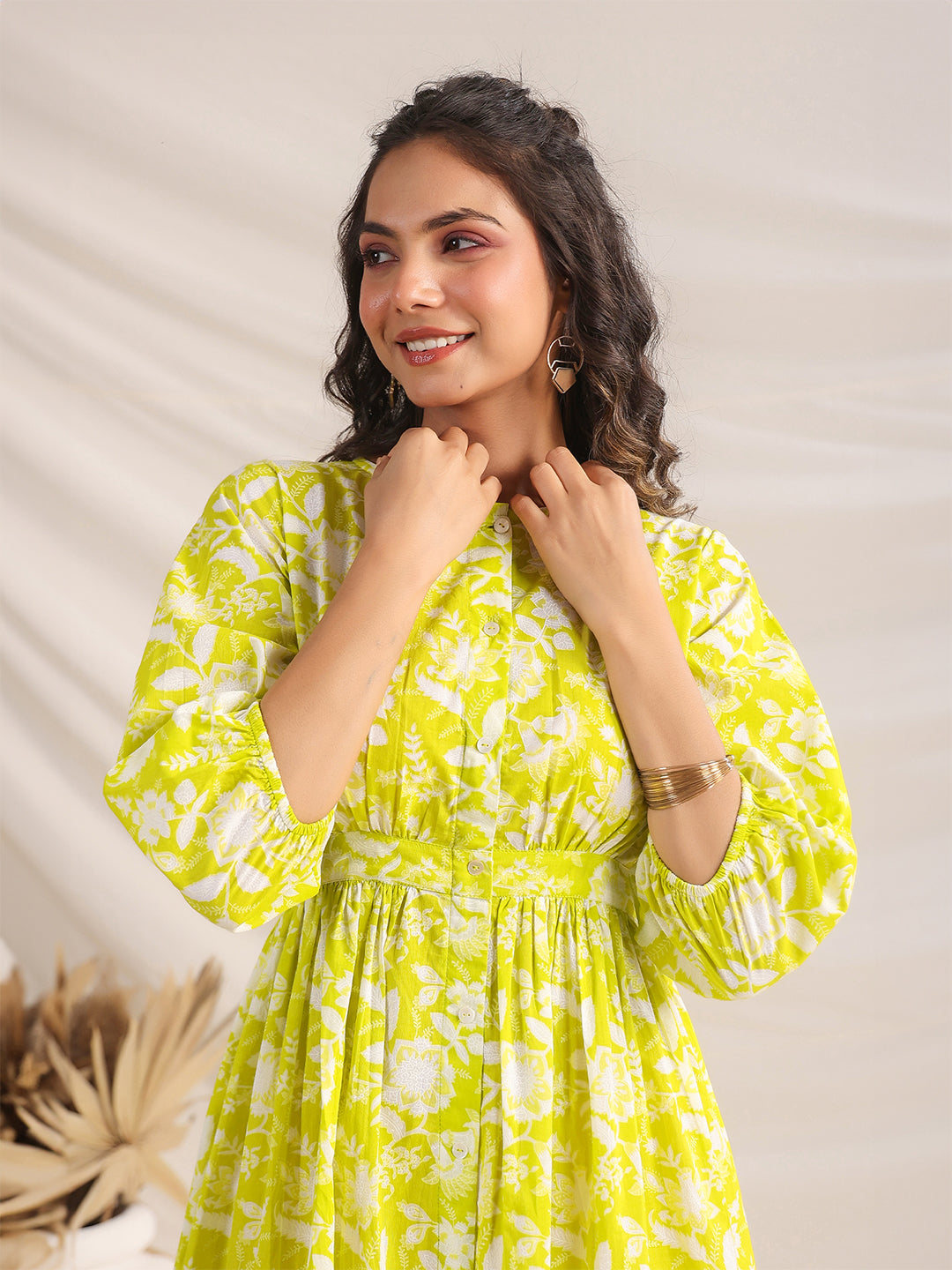Lime Cotton Floral Gathered Dress - qivii
