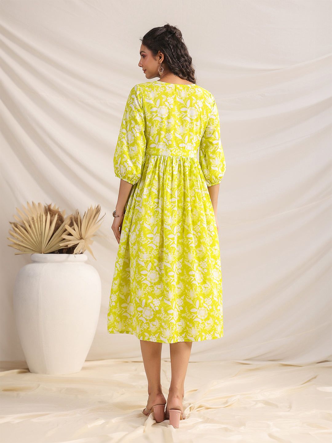 Lime Cotton Floral Gathered Dress - qivii