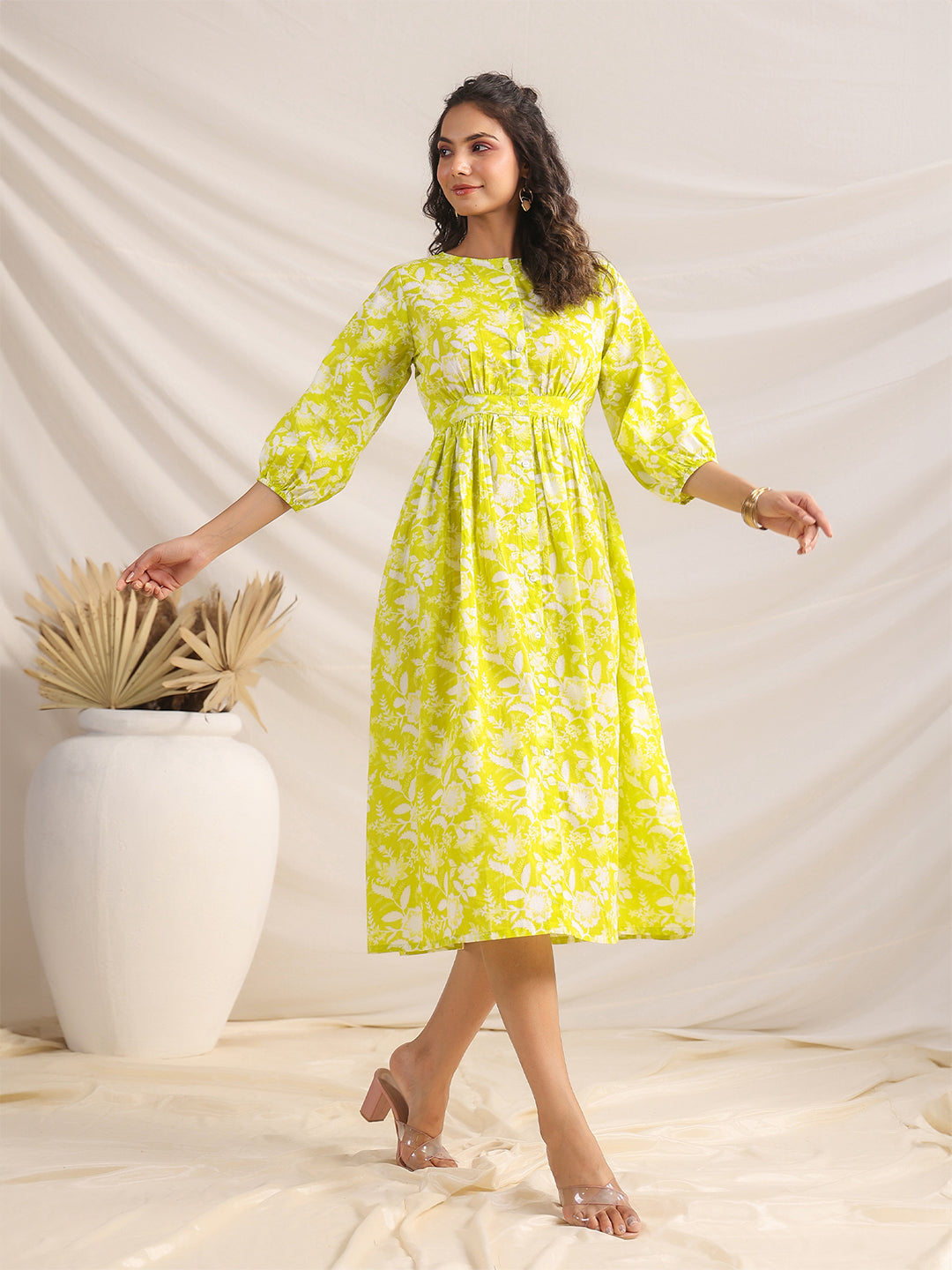 Lime Cotton Floral Gathered Dress - qivii