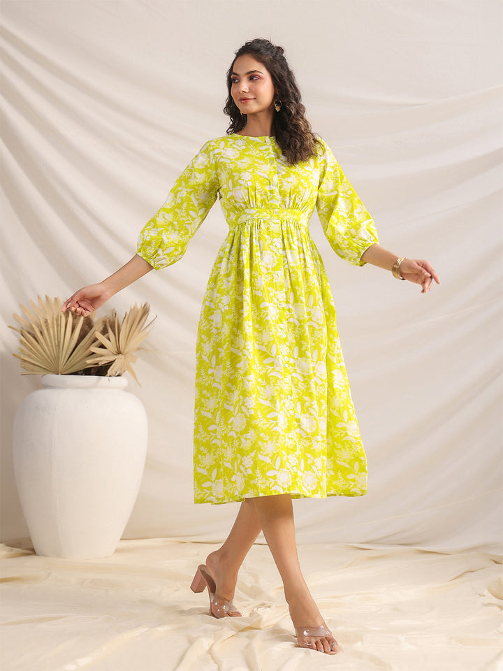 Lime Cotton Floral Gathered Dress - qivii