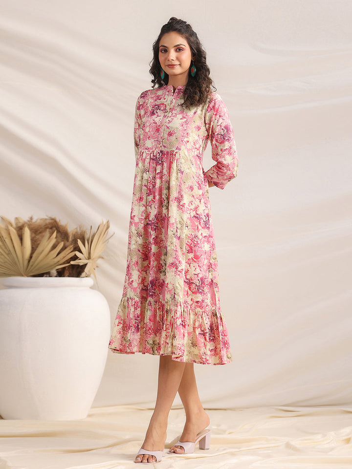 Pink Cotton Abstract Gathered Dress - qivii