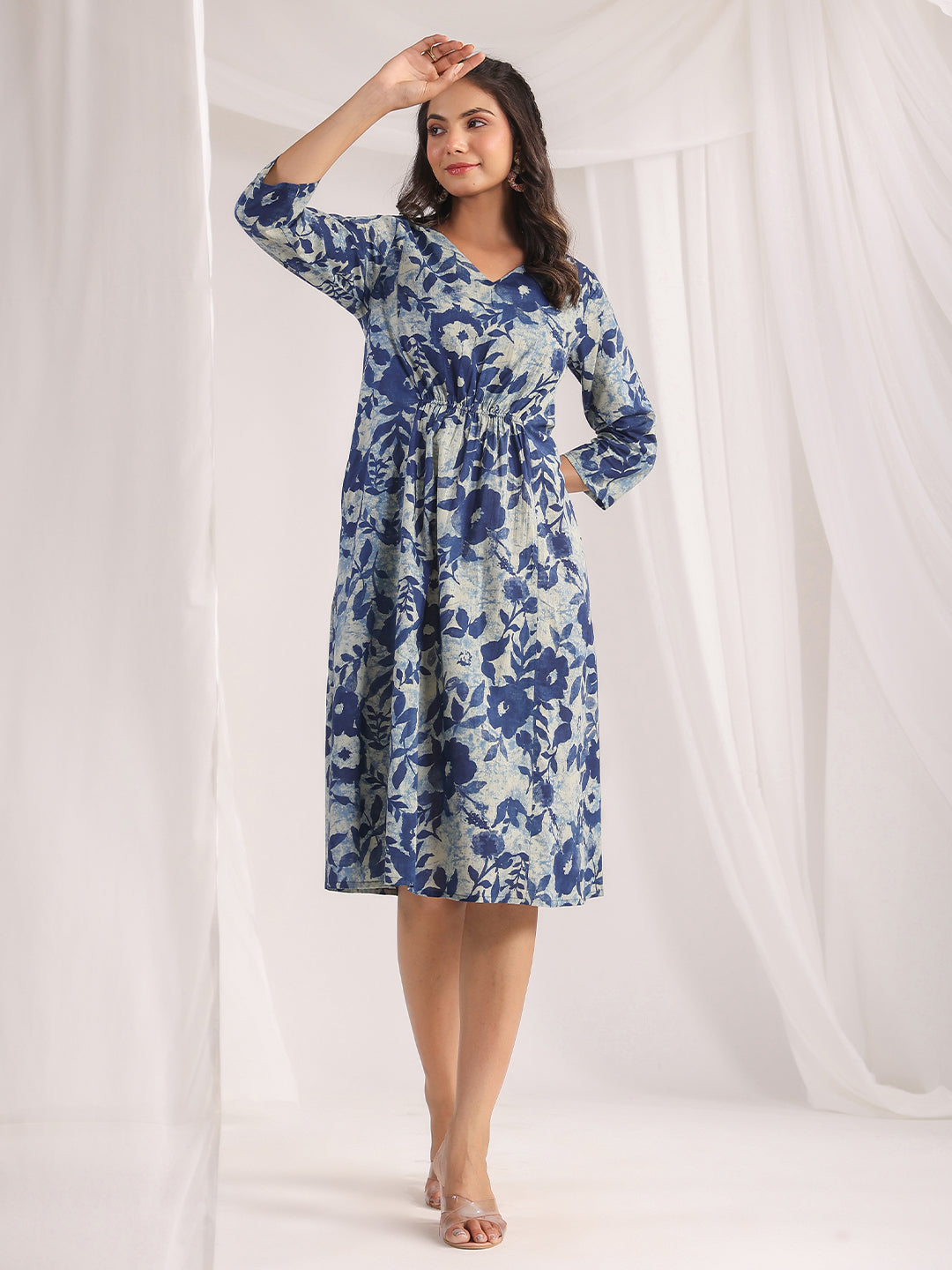 Indigo Cotton Floral Panelled Dress - qivii