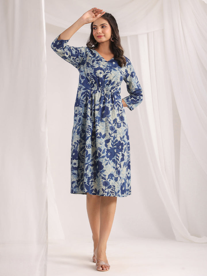 Indigo Cotton Floral Panelled Dress - qivii