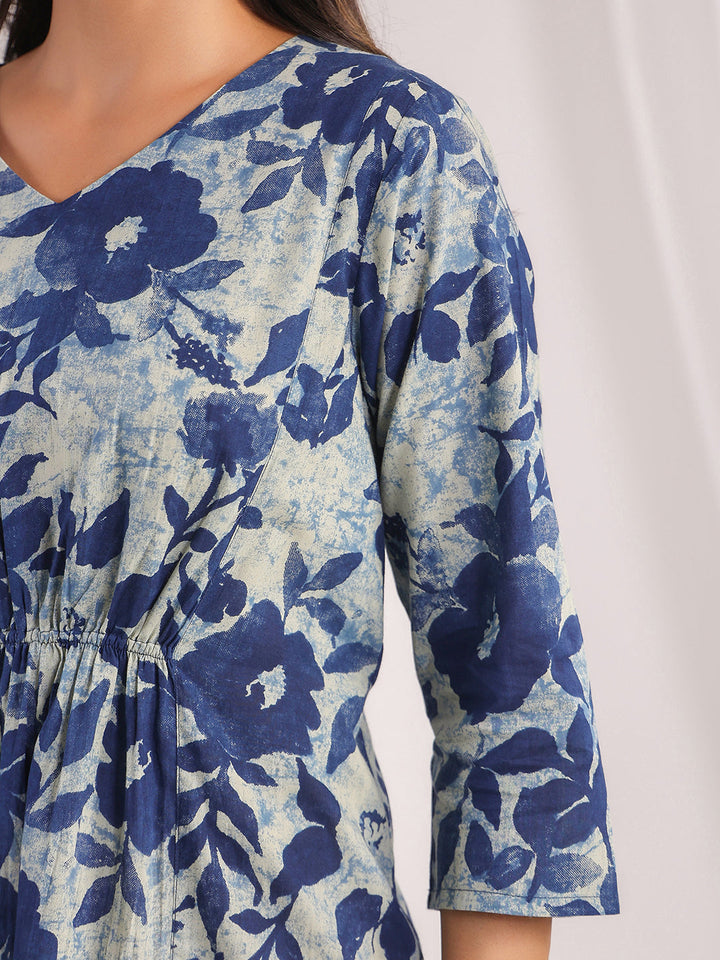 Indigo Cotton Floral Panelled Dress - qivii