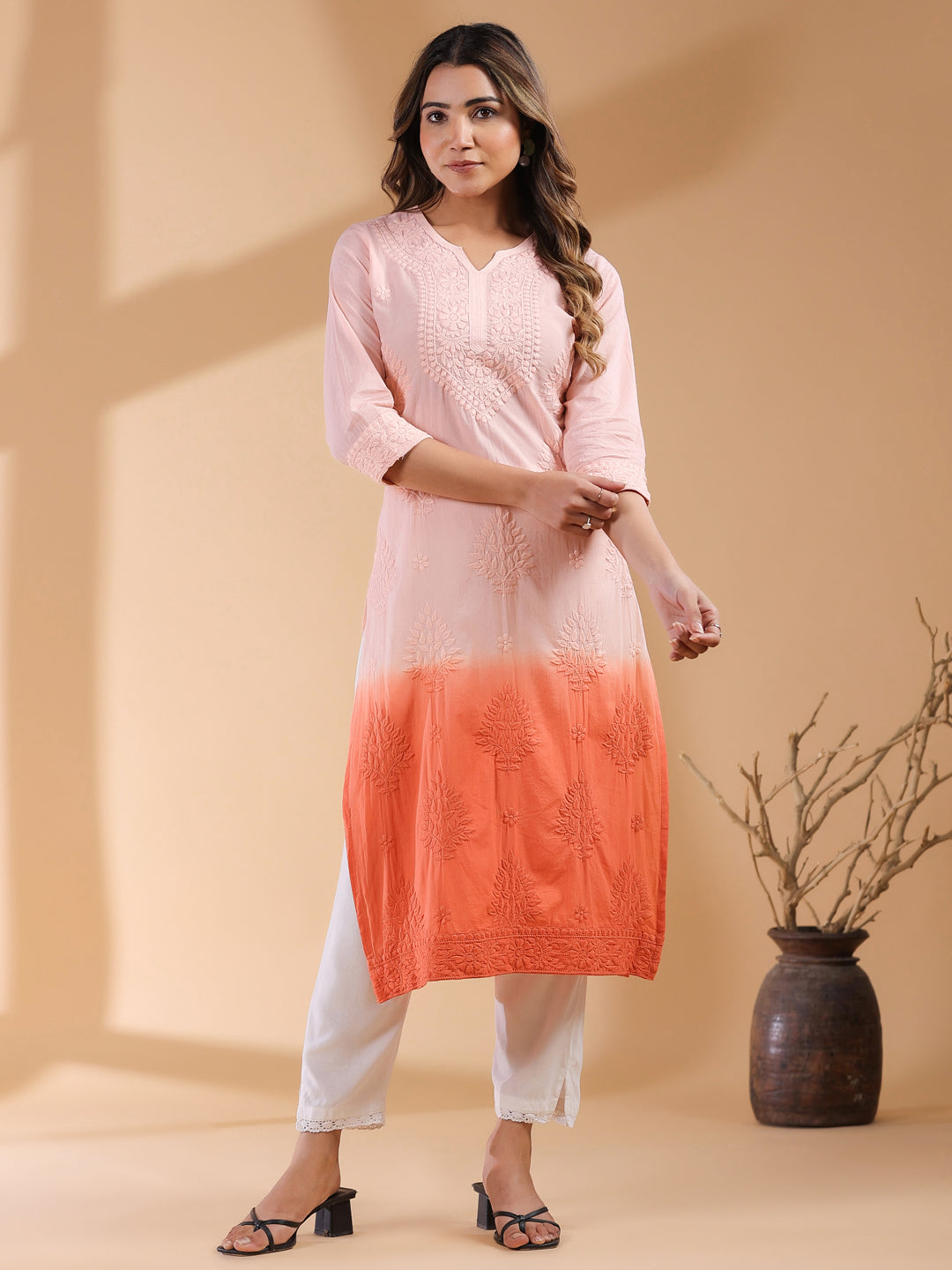 Peach Ombre Pure Cotton Chikankari Embroidered Straight Kurta - qivii