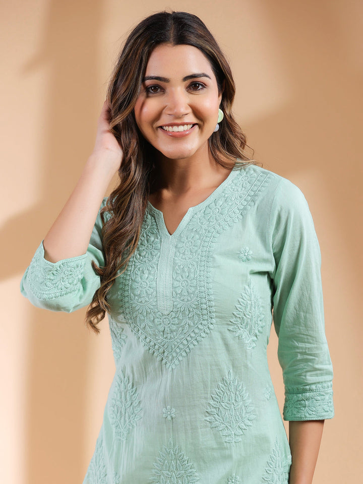 Mint Green Pure Cotton Ombre Chikankari Embroidered Straight Kurta - qivii