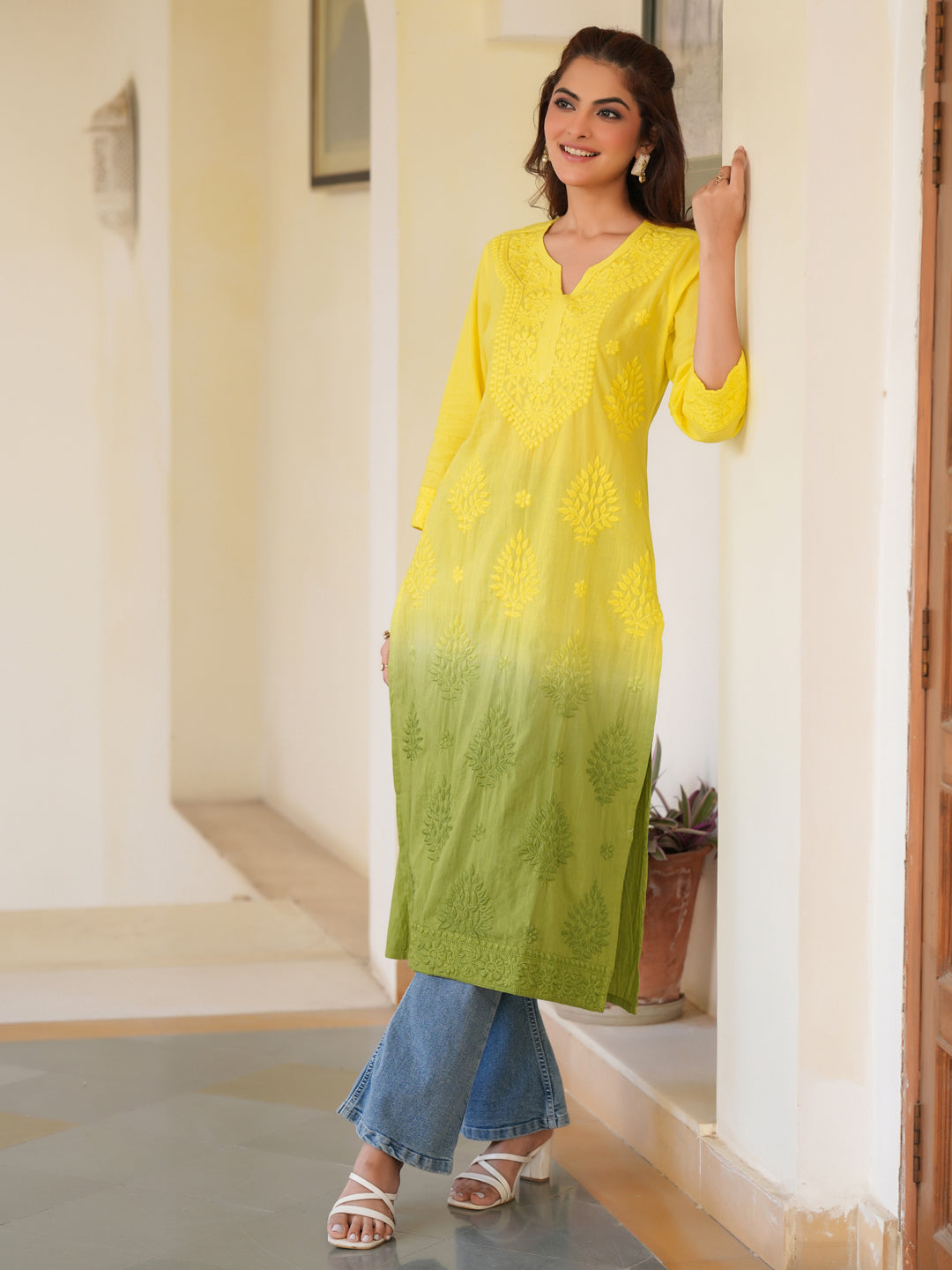 Lime Yellow Pure Cotton Ombre Chikankari Embroidered Straight Kurta - qivii