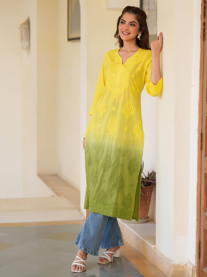 Lime Yellow Pure Cotton Ombre Chikankari Embroidered Straight Kurta - qivii