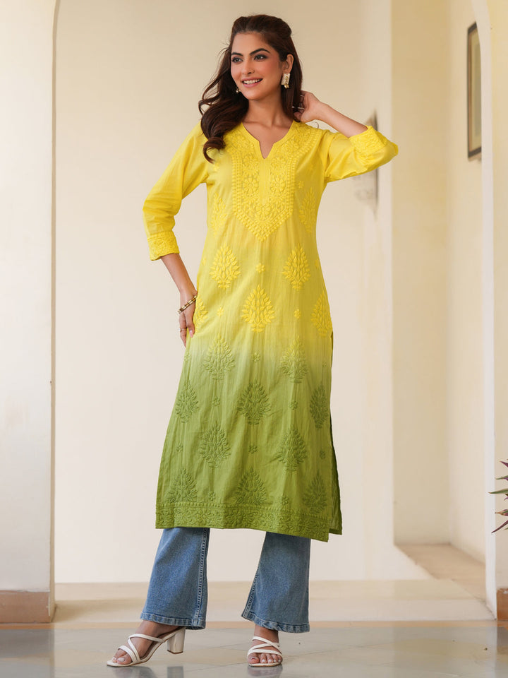 Lime Yellow Pure Cotton Ombre Chikankari Embroidered Straight Kurta - qivii