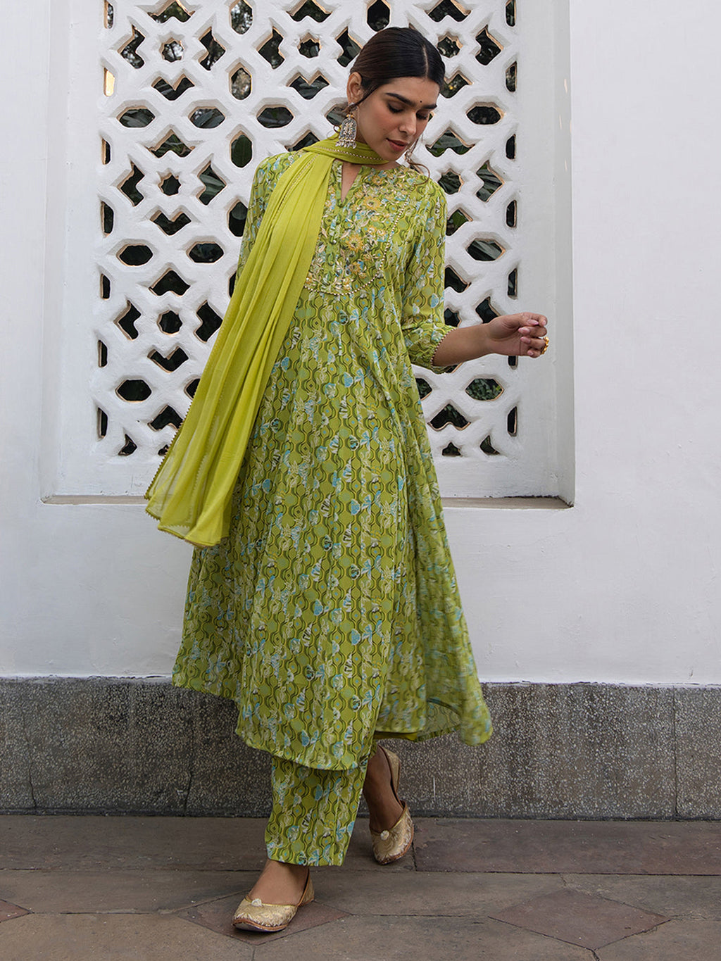 Lime Georgette Yoke Embroidery Anarkali Kurta Set