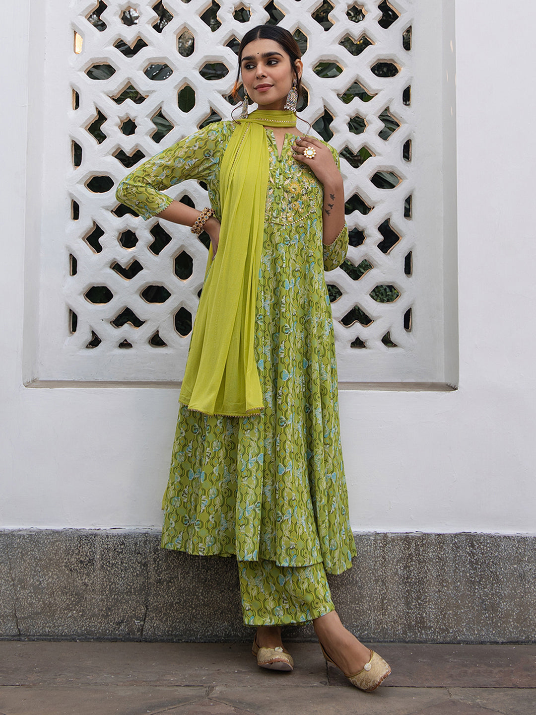 Lime Georgette Yoke Embroidery Anarkali Kurta Set - qivii
