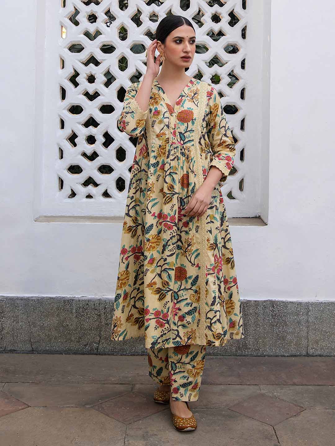 Beige Cotton Floral Kurta Pant Set