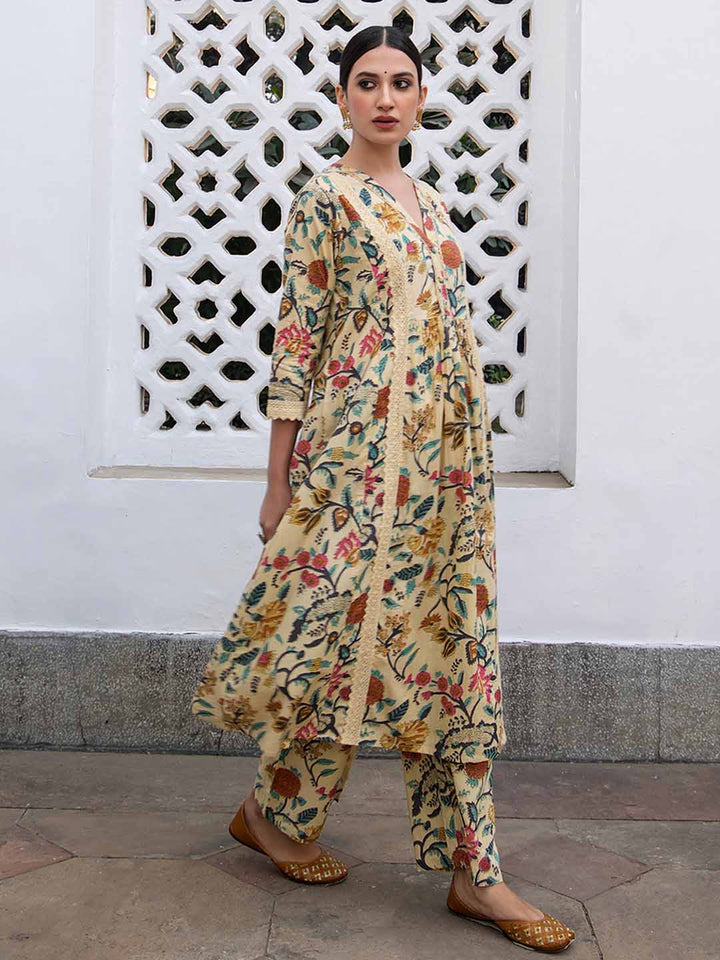 Beige Cotton Floral Kurta Pant Set - qivii