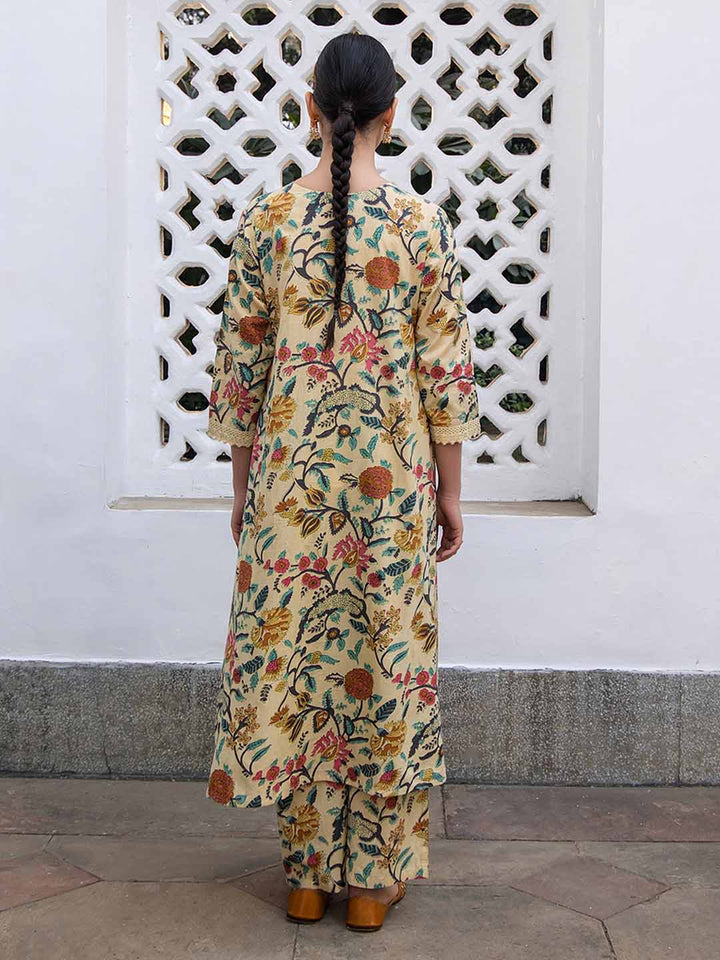 Beige Cotton Floral Kurta Pant Set - qivii