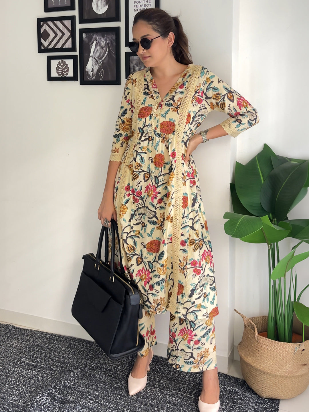 Beige Cotton Floral Kurta Pant Set - qivii