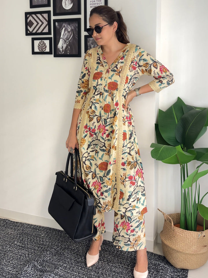 Beige Cotton Floral Kurta Pant Set - qivii