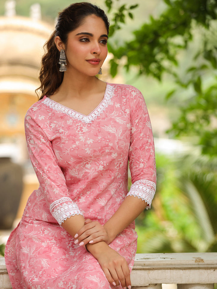 Pink Cotton Floral Regular Kurta Set - qivii
