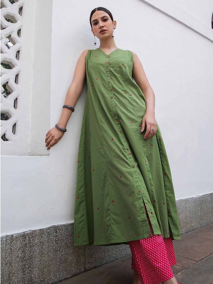 Green Cotton Geometric A-Line Kurta Set - qivii