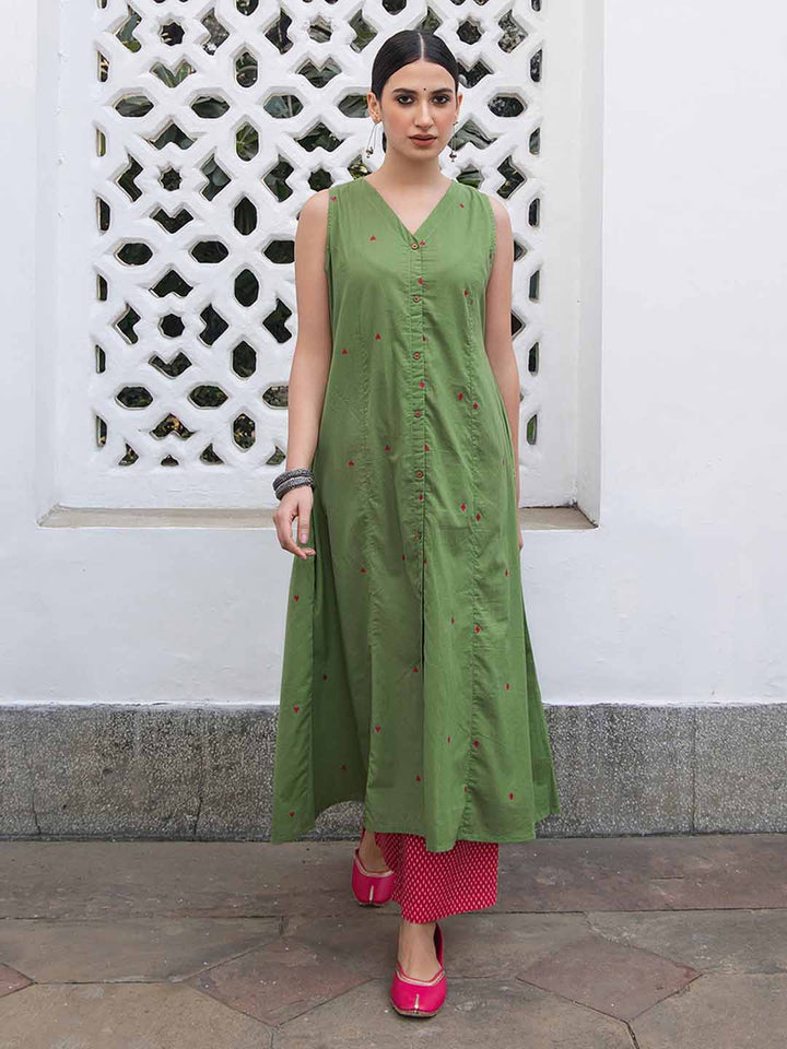 Green Cotton Geometric A-Line Kurta Set - qivii