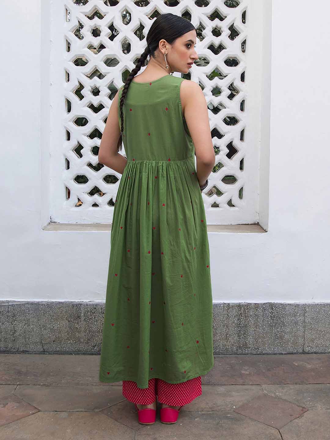 Green Cotton Geometric A-Line Kurta Set - qivii