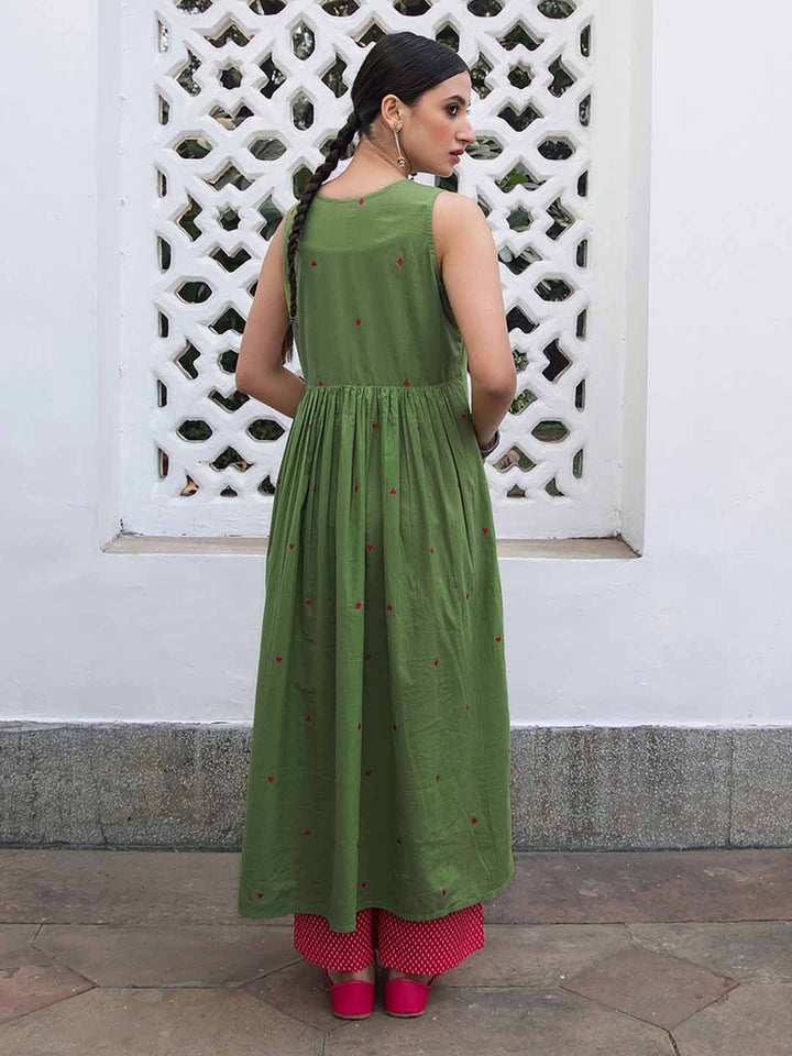 Green Cotton Geometric A-Line Kurta Set - qivii