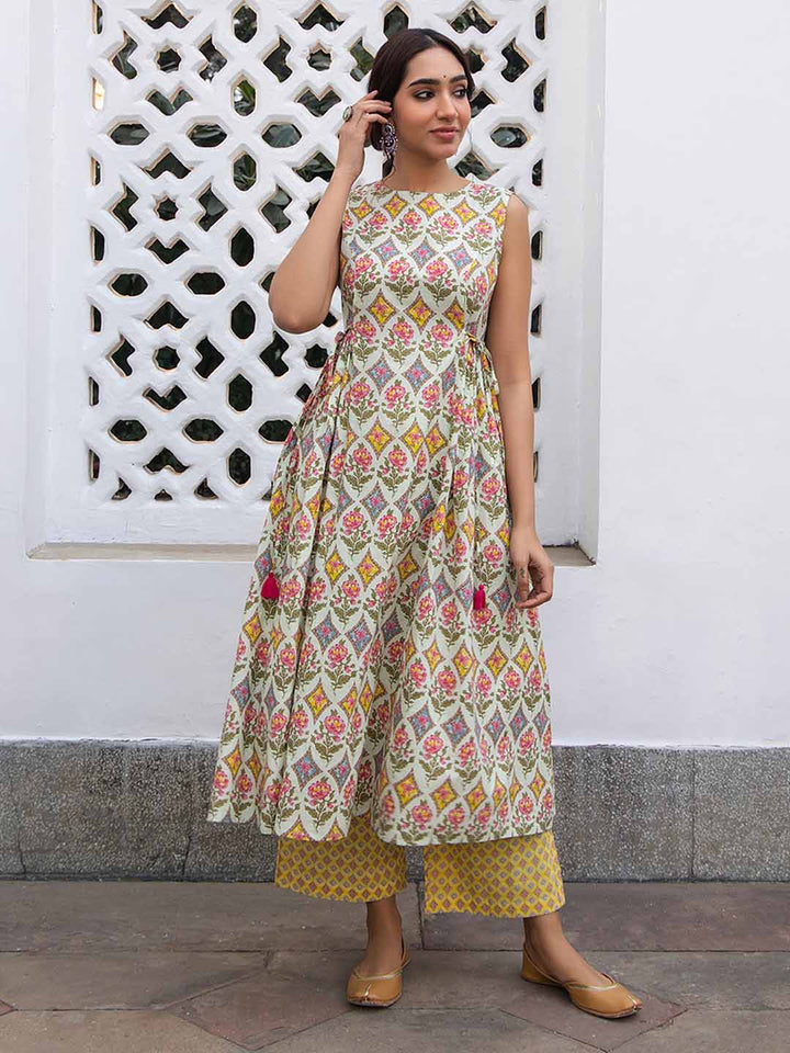 Light Green Cotton Ethnic Motif Side Pleated Kurta Set - qivii