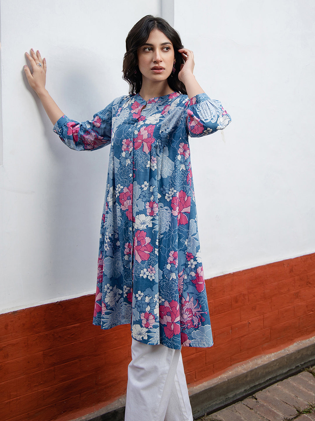 Blue Cotton Floral A-Line Tunic - qivii