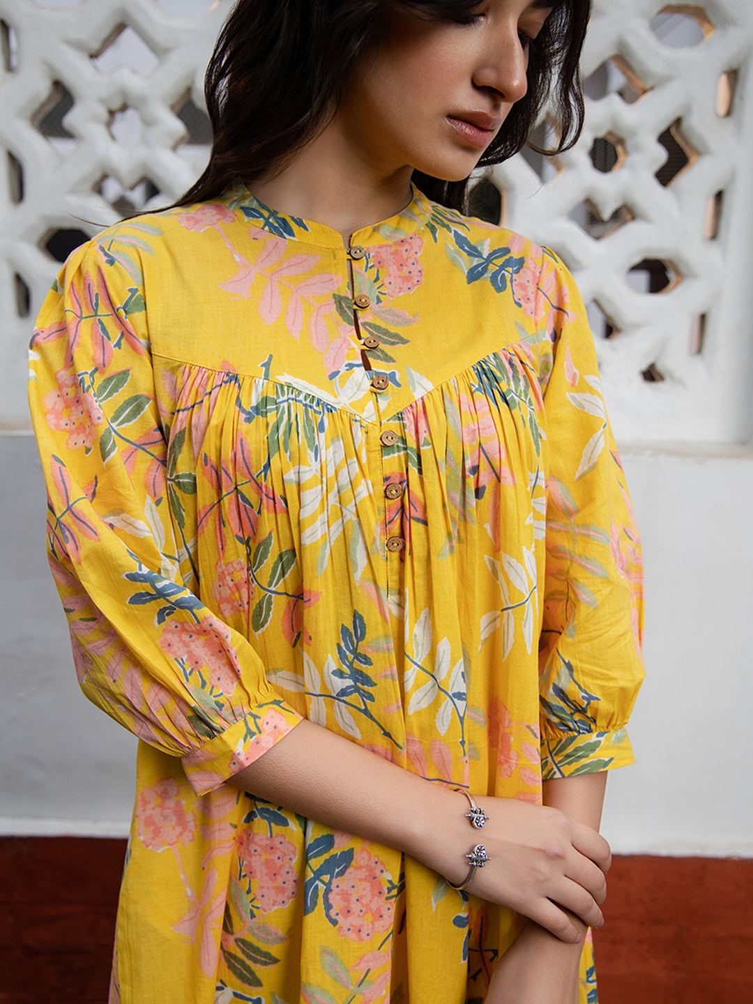 Yellow Cotton Trophical Gathered Tunic - qivii