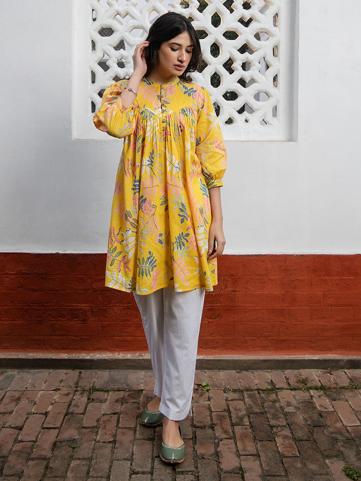 Yellow Cotton Trophical Gathered Tunic - qivii