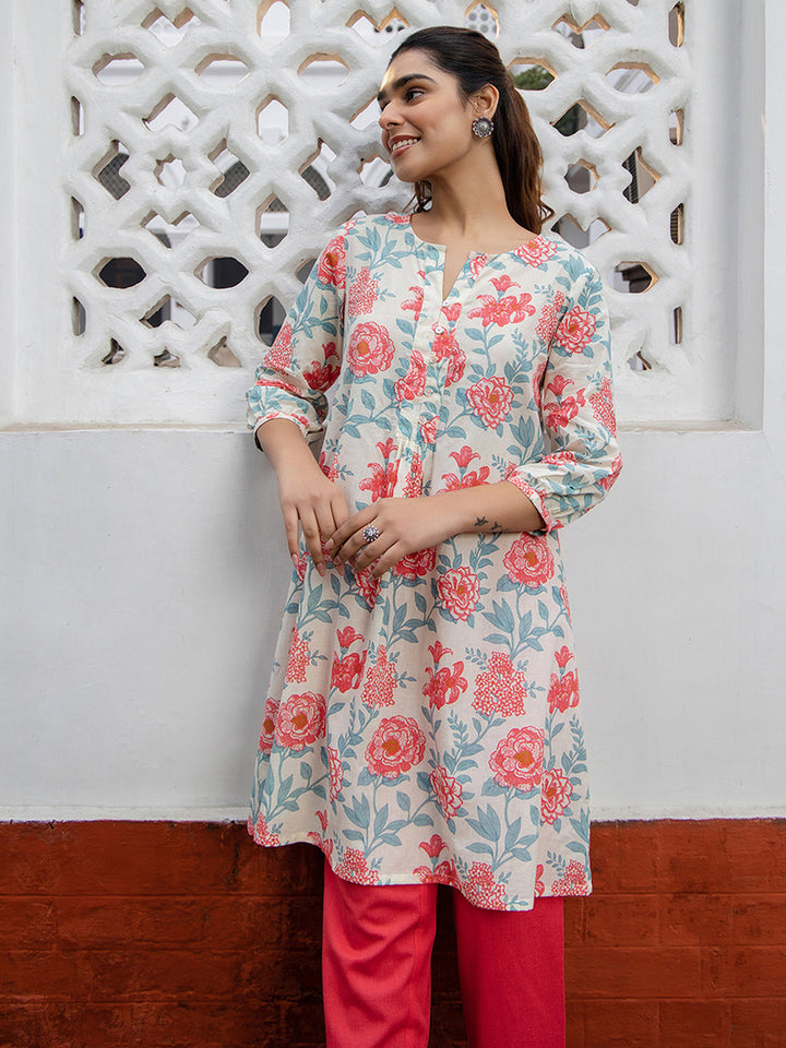 Cream Cotton Floral A-Line Tunic - qivii
