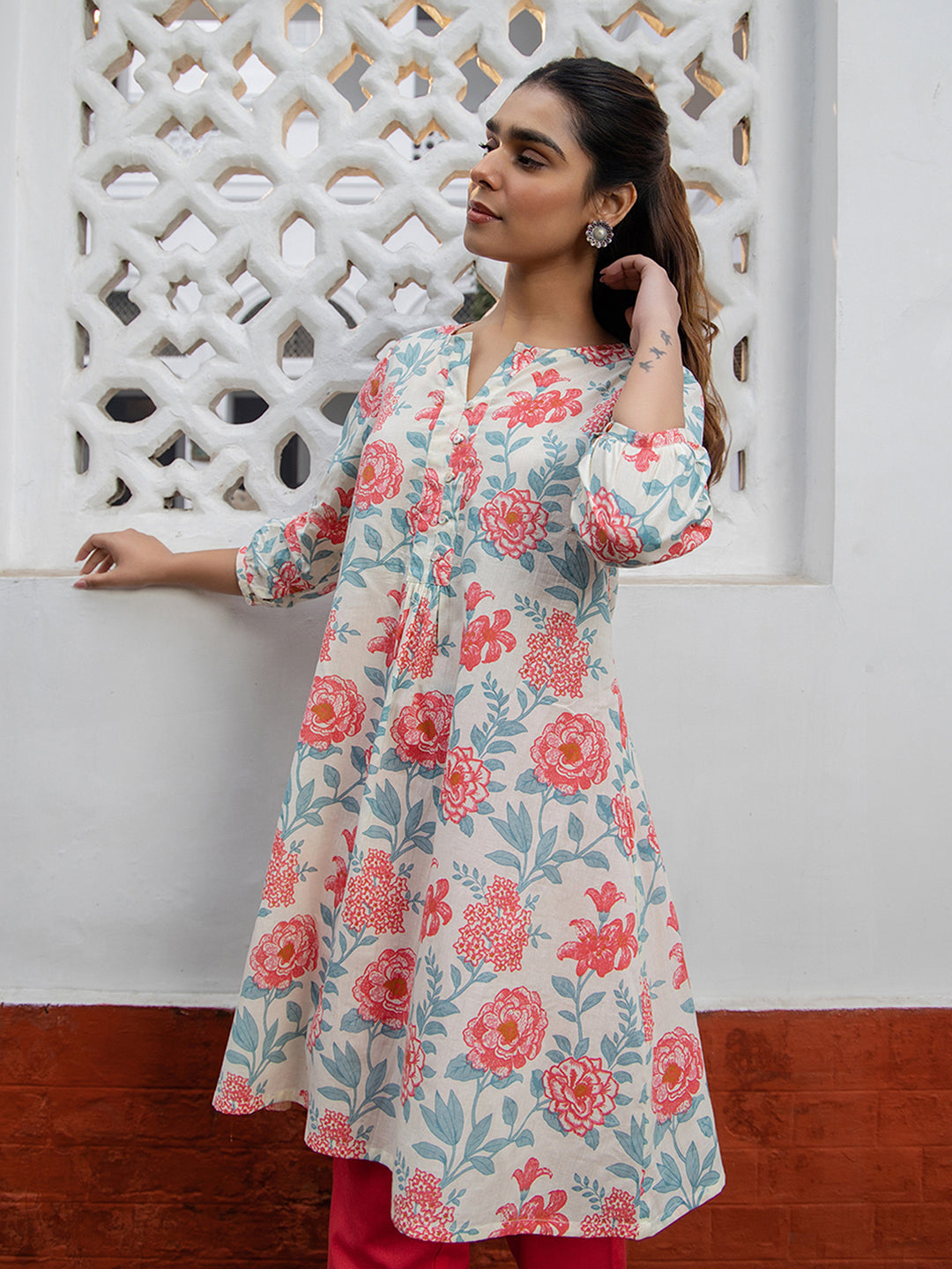 Cream Cotton Floral A-Line Tunic - qivii