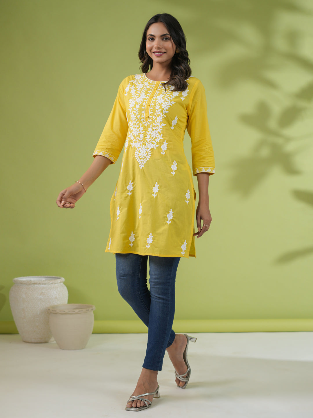 Yellow Cotton Chikankari Tunic - qivii