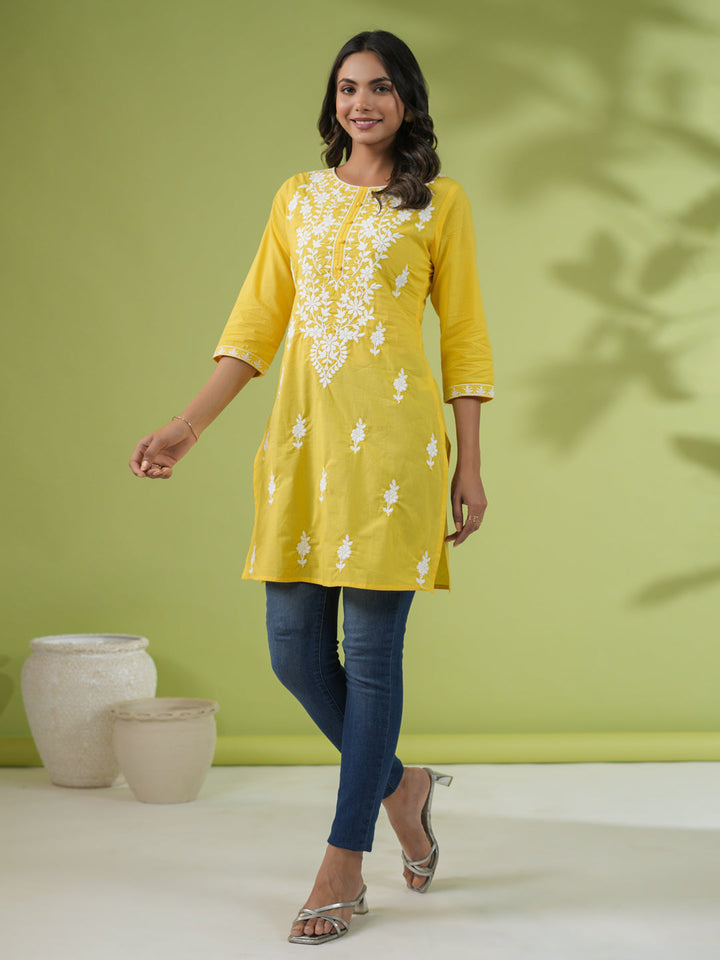 Yellow Cotton Chikankari Tunic - qivii